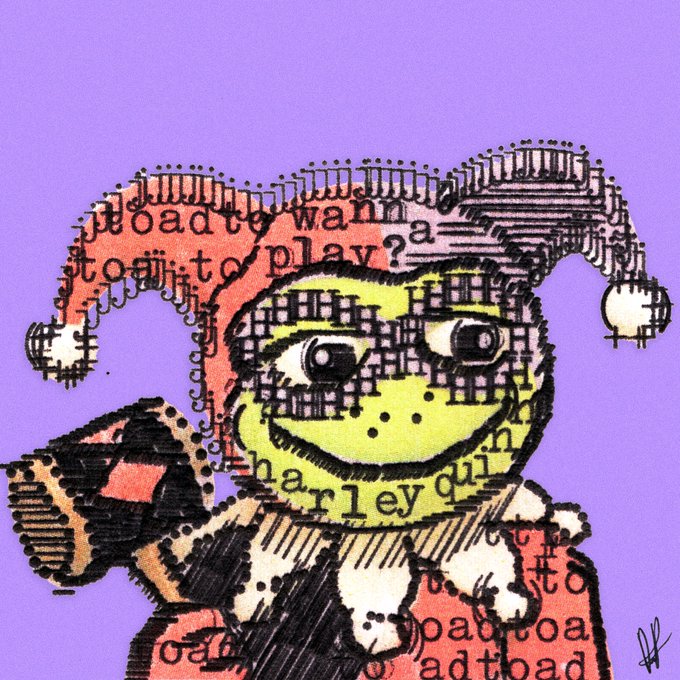 A mixed-media collage artwork of a jester-like figure with a stitched hat, filled with printed text fragments like 'to play' and 'badto' on a lavender background.