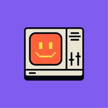 A digital illustration of a vintage computer monitor displaying a pixelated orange smiley face on a purple background.
