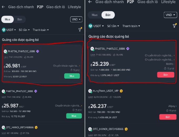 Vietnamese cryptocurrency P2P trading interface showing buy and sell USDT listings with prices in VND, highlighting advertised trades from user PHATAI_PHATLOC_6886.