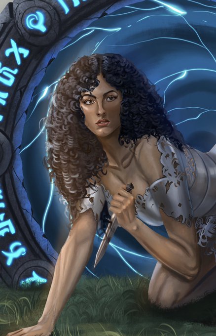 Digital illustration of a woman with curly brown hair kneeling and holding a dagger in front of a glowing blue circular portal with runic symbols.