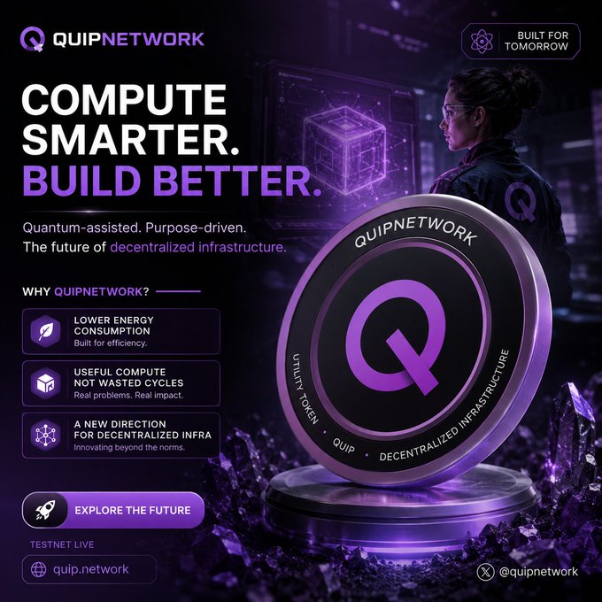 The image features a purple coin that has the word "Q" written on it. The coin is placed on top of a metal plate surrounded by small rocks, giving an impression of a futuristic or technological setting. Below the coin, there's text that reads "Computers Smarter. Build Better." This suggests that the coin represents a new direction in computing technology and innovation.