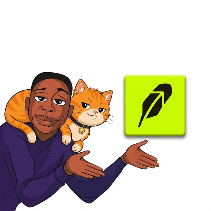 A cartoon Black man with an orange cat on his shoulder gestures toward a green Robinhood logo.
