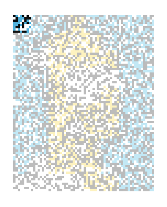 An abstract or heavily pixelated image dominated by light blue, yellow, and grey squares, with a small dark logo or icon in the top left corner.