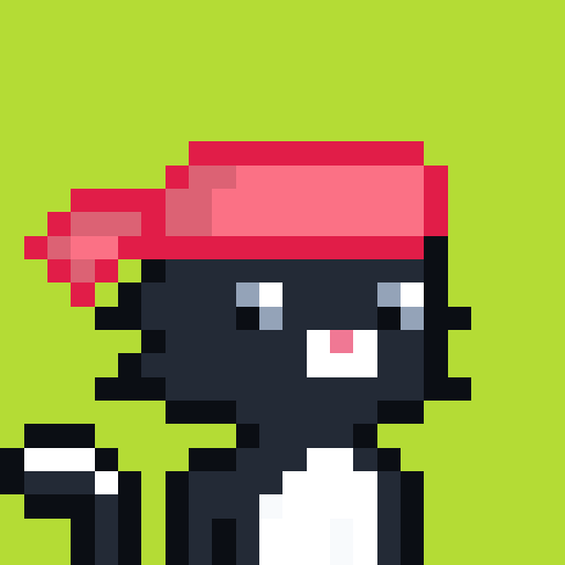 Pixel art illustration of a black cat wearing a red bandana/headband against a bright green background.