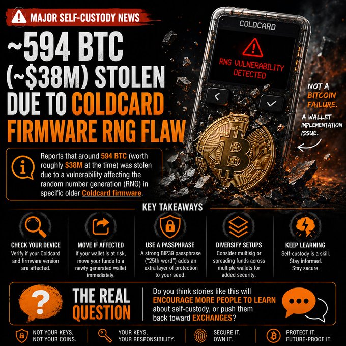 An infographic titled 'MAJOR SELF-CUSTODY NEWS' warning that approximately 594 BTC (~$38M) was stolen due to a Coldcard firmware RNG flaw, with key takeaways including 'CHECK YOUR DEVICE' and 'USE A PASSPHRASE'.