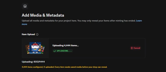 A dark-themed user interface for an 'Add Media & Metadata' upload screen showing progress text 'Uploading 4,444 items...' with a status of '600/4444' items uploaded.