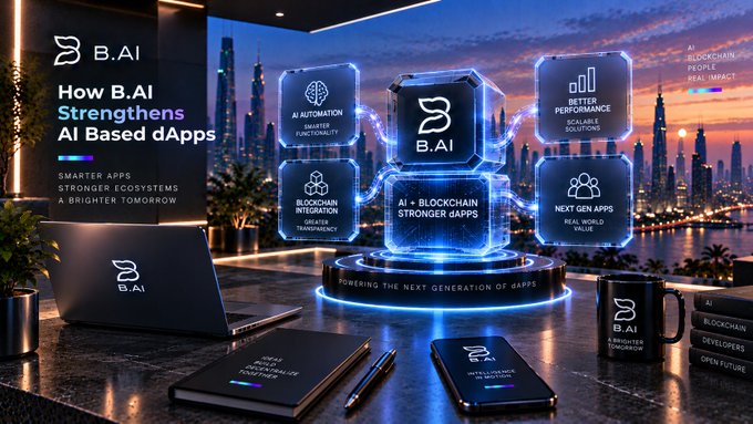 A promotional graphic for 'B.AI' (Beldex) titled 'How B.AI Strengthens AI Based dApps,' showing a futuristic digital interface with floating cubes displaying features like 'AI AUTOMATION,' 'BLOCKCHAIN INTEGRATION,' and 'AI + BLOCKCHAIN STRONGER APPS,' alongside a laptop, phone, and mug.