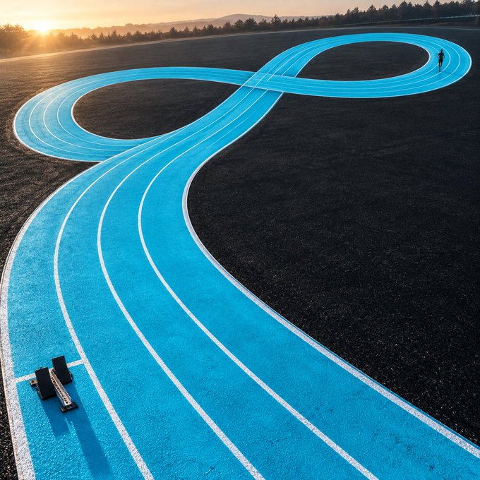 A blue athletic track loops in an infinity-symbol pattern across a black field at sunset, with a runner at one end and starting blocks at the other, symbolizing an enduring journey rather than a short sprint. The continuous, looping design visually reinforces the message that meaningful success requires perseverance over the long run, not just a burst of speed.