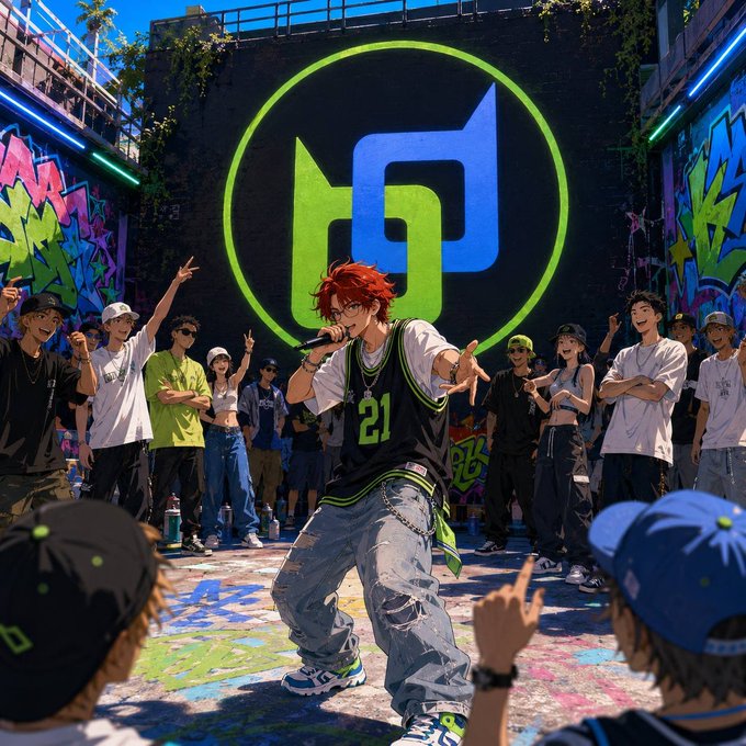An anime-style illustration showing a red-haired character performing on stage with a microphone in front of a green circular logo resembling the HCX token logo, surrounded by a crowd in a graffiti-covered urban setting.