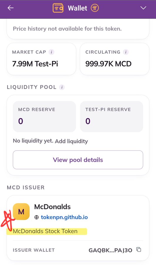 A mobile wallet screen displays the "McDonalds Stock Token" (ticker MCD) on Pi Testnet, showing a market cap of 7.99M Test-Pi and a circulating supply of 999.97K MCD, with no liquidity yet in its pool. The highlighted "McDonalds Stock Token" label illustrates the post's point that real-world company-themed "Stock Tokens" are being issued on Pi Testnet, with some already accumulating significant Test-Pi valuations before any liquidity is added.