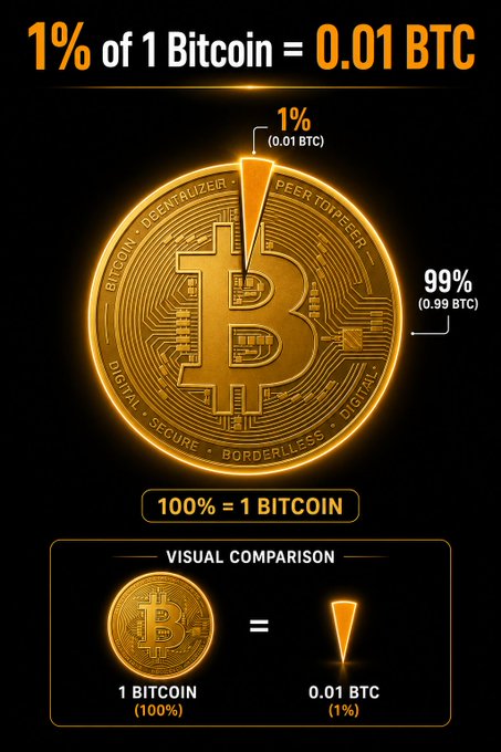 The image shows an infographic titled "1% of 1 Bitcoin = 0.01 BTC," visually breaking down a Bitcoin coin into highlighted slices of 1% (0.01 BTC) and 99% (0.99 BTC), with a "Visual Comparison" section showing that 0.01 BTC is just a tiny sliver of a full Bitcoin. This illustrates the post's point that buying 0.01 Bitcoin is still affordable at around $770, making Bitcoin accessible even in small fractional amounts.