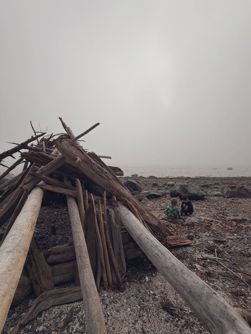 Two small children sit on a pebbly beach next to a large pile of driftwood logs under a foggy, overcast sky.