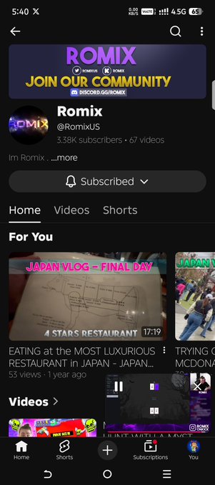 A mobile screenshot of the YouTube channel 'Romix' (@RomixUS) showing 3.38K subscribers and featuring videos like 'EATING at the MOST LUXURIOUS RESTAURANT in JAPAN'.