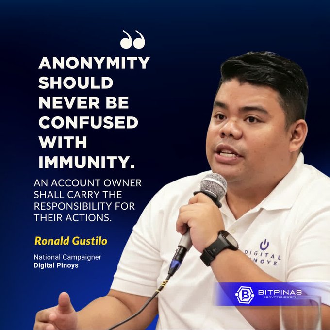 A BitPinas graphic featuring Ronald Gustilo, National Campaigner of Digital Pinoys, with a quote: 'Anonymity should never be confused with immunity. An account owner shall carry the responsibility for their actions.'