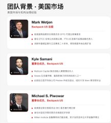 A Chinese-language business profile showing '团队背景 - 美国市场' (Team Background - US Market) featuring executives Mark Weijn, Kyle Samani (Multicoin Capital), and Michael B. Pincus.