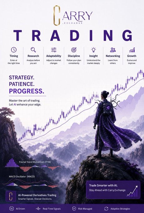 A Carry Exchange trading advertisement promotes AI-powered derivatives trading, highlighting strategy traits like Timing, Research, Adaptability, Discipline, Insight, Networking, and Growth, with technical indicators (FTM, MACD) shown.