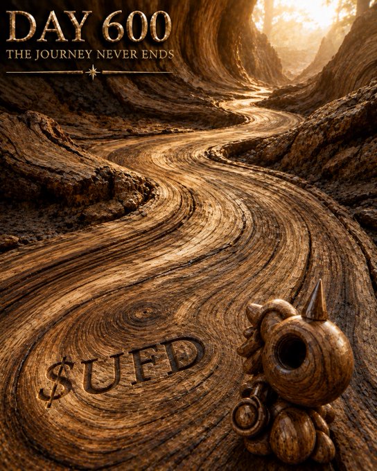 A wooden, spiraling landscape featuring a small dragon-like creature next to the carved text "$UFD" includes the header "DAY 600 — THE JOURNEY NEVER ENDS," celebrating the Unicorn Fart Dust ($UFD) community's 600-day milestone and its ongoing commitment to honesty and integrity in crypto.