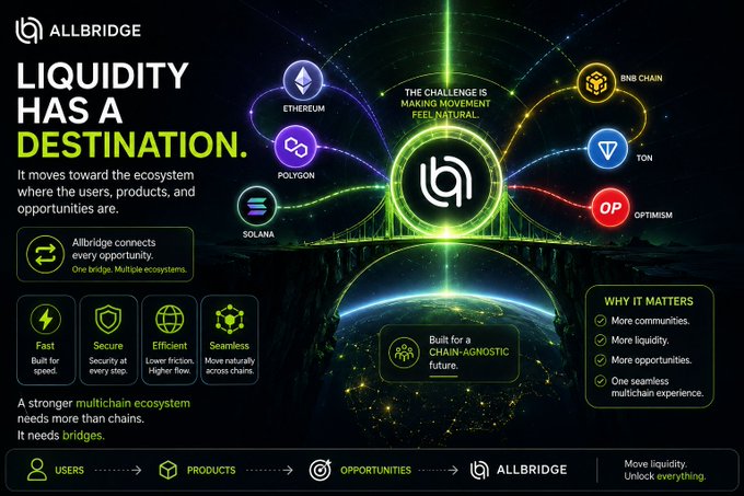 A promotional infographic for Allbridge titled 'LIQUIDITY HAS A DESTINATION,' showing connections between various blockchains including Ethereum, Polygon, Solana, BNB Chain, TON, and Optimism.