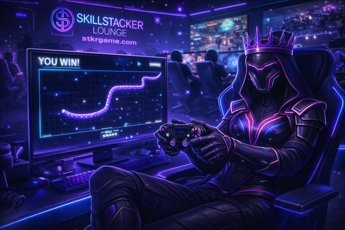 The image features a woman sitting in front of a computer screen, playing video games with a controller. The scene takes place in a gaming lounge where several people are also engaged in playing video games. A large monitor displays a game that has a snake on its path, and there is a keyboard and mouse nearby for the players to use during their gaming session.