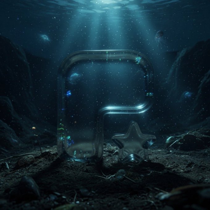A glass-like letter "P" and star symbol rest on the ocean floor, illuminated by beams of sunlight piercing the dark water. The submerged, buried imagery visually echoes the post's message of tokens being "burned" or destroyed, symbolizing the project being "dunked" or sent underwater to sink into obscurity as it celebrates a milestone.