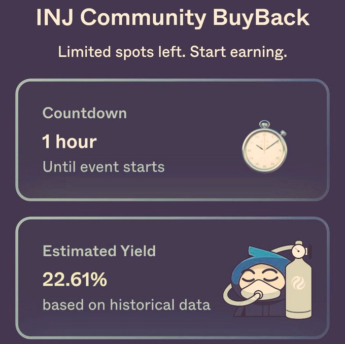 The image shows a purple background with two squares of text that provide information about an event called "INJ Community BuyBack". The first square displays the estimated yield based on historical data, while the second square indicates that there are limited spots left for this event. A person wearing a blue hat is also present in the image, possibly representing the characterninjas from the game Ninja.