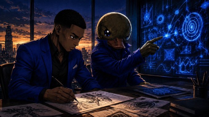 A stylized digital illustration depicts two figures in blue suits—one with glowing white eyes and the other an alien-like being—examining glowing blue schematics and sketches at night.