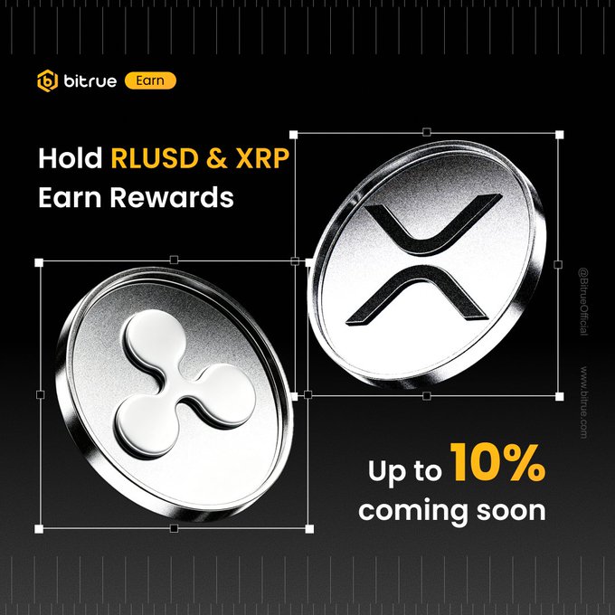 This Bitrue announcement image shows the logos for RLUSD and XRP, promoting an opportunity to earn rewards of up to 10% APR by holding these assets on Bitrue.