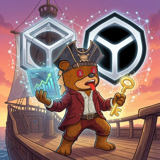 A cartoon illustration of a pirate-themed bear character with 'X's for eyes holding a glowing tablet with a rising graph and a golden key, standing on a ship's deck with large cryptocurrency-style logos in the background.