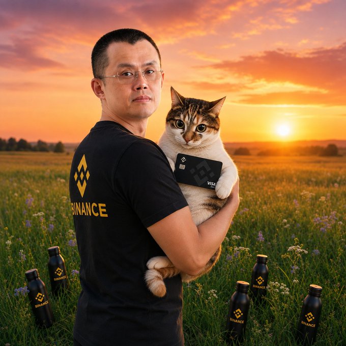 An AI-generated image of a man wearing glasses and a black Binance t-shirt holding a tabby cat against a sunset field backdrop, with the cat holding a Visa card and Binance-branded bottles scattered in the grass.