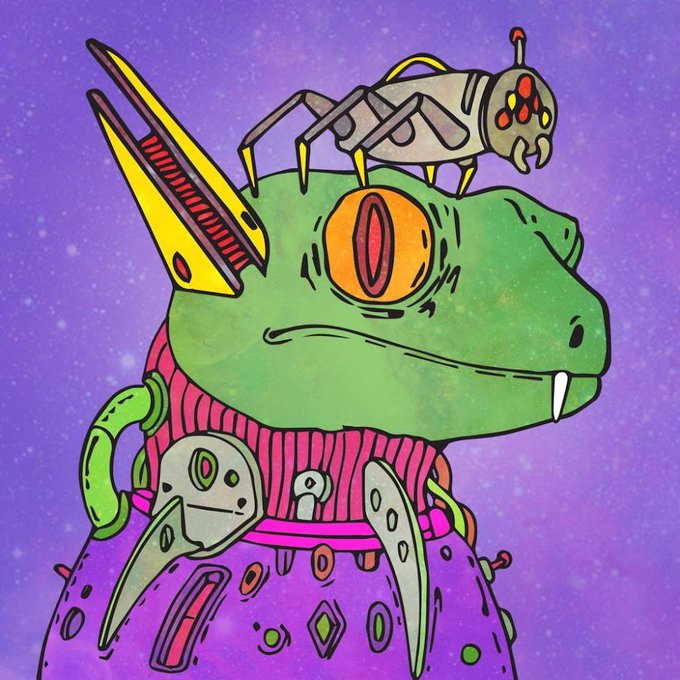 A colorful illustration of a cyborg/robotic frog with a large orange eye, yellow horn-like protrusions, and a metallic insect on its head, set against a purple starry background.