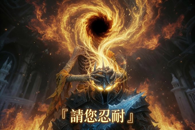 A dark fantasy digital artwork depicting a fiery armored figure engulfed in swirling flames, with Japanese text reading 「請您忍耐」 (Please be patient) at the bottom.