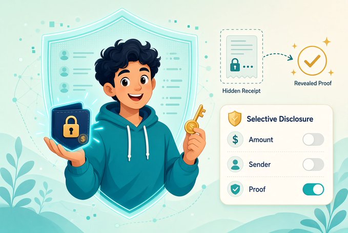 A cartoon illustration of a smiling young man holding a locked wallet and a golden key, representing selective disclosure of hidden receipts and revealed proof with toggles for Amount, Sender, and Proof.
