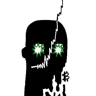 A black silhouette illustration of a head with green star-shaped eyes and white dripping/splatter effects, featuring a small Chinese character on the right side.