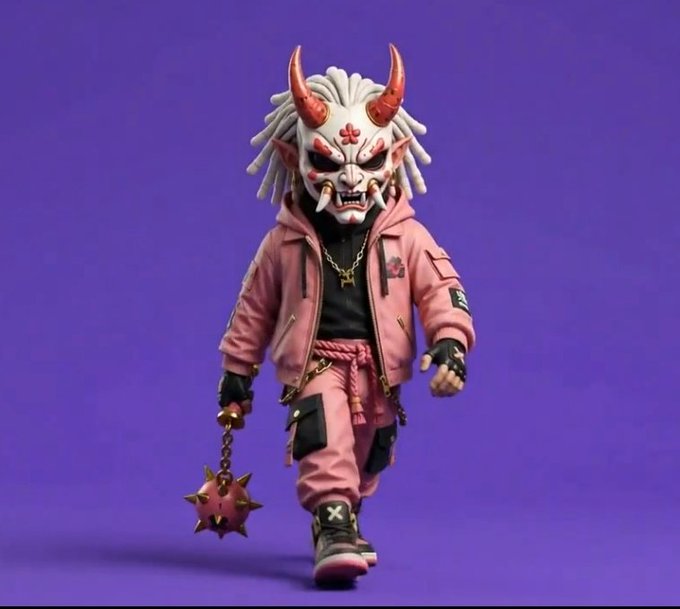 A 3D-rendered figure wears an ornate red demon mask with horns, a pink tracksuit with black accents, gold chains, and carries a spiked mace weapon against a purple background.