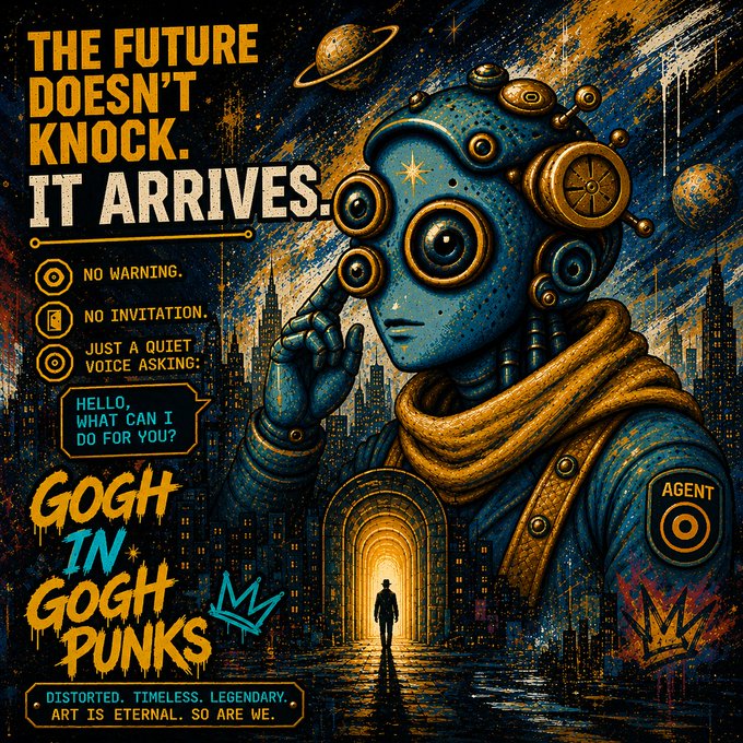 A Van Gogh-style poster with text 'THE FUTURE DOESN'T KNOCK. IT ARRIVES.' and 'GOGH IN GOGH PUNKS', depicting a blue robot/alien figure and a person walking toward a glowing archway.