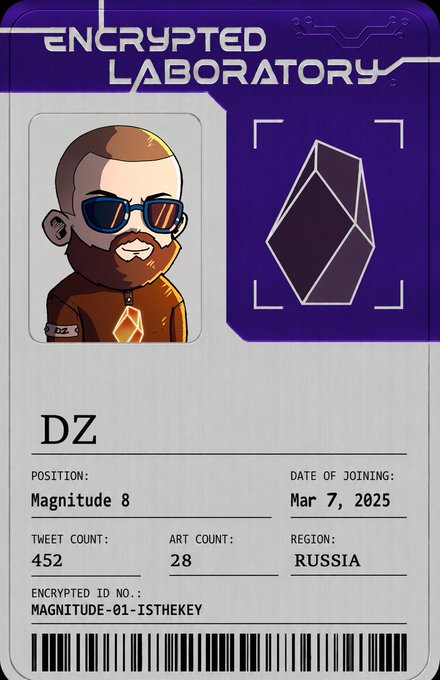A stylized digital ID card titled "Encrypted Laboratory" features a cartoon avatar of a bearded man with sunglasses alongside a crystalline Ethereum-shaped emblem. The card identifies "DZ" with details including Position: Magnitude 8, Date of Joining: Mar 7, 2025, Tweet Count: 452, Art Count: 28, Region: RUSSIA, and Encrypted ID No.: MAGNITUDE-01-ISTHEKEY, directly tying into the post's emphasis on the Seismic ecosystem and Magnitude being the key.