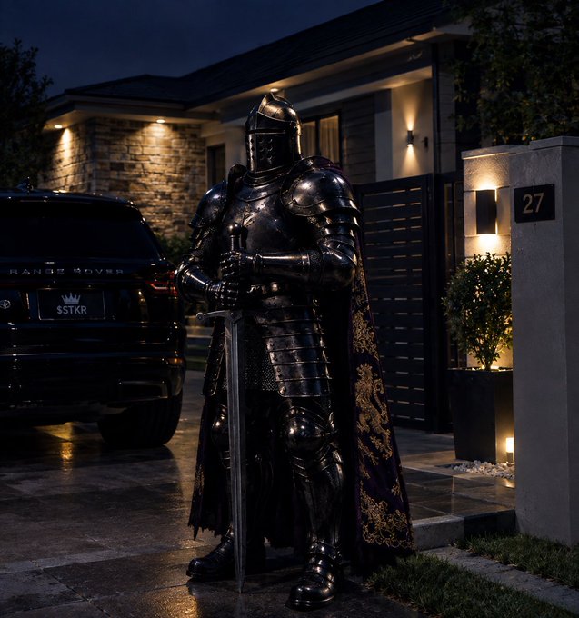 A person in full black knight armor holding a sword stands in front of a modern house at night, with a Range Rover parked nearby and the number '27' on a pillar.