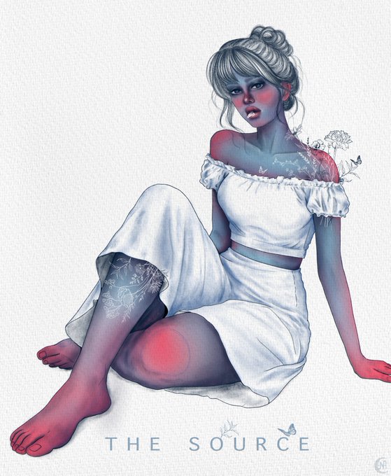 A digital illustration shows a seated woman in a white off-shoulder outfit, with delicate floral patterns and a butterfly tattoo visible on her skin, her body illuminated by soft blue and pink hues. The text "THE SOURCE" appears at the bottom, aligning with the post's reference to "The Source" NFT on the Tezos blockchain.