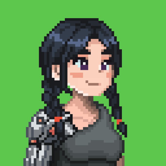 Pixel art portrait of a dark-haired girl with purple eyes and a slight smile against a green background.