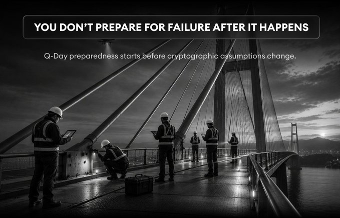 A team of engineers inspects cables on a suspension bridge at dusk, under the text "YOU DON'T PREPARE FOR FAILURE AFTER IT HAPPENS" and "Q-Day preparedness starts before cryptographic assumptions change," visually reinforcing the post's message about proactively addressing the vulnerability of cryptographic systems before quantum computing breaks their foundational assumptions.