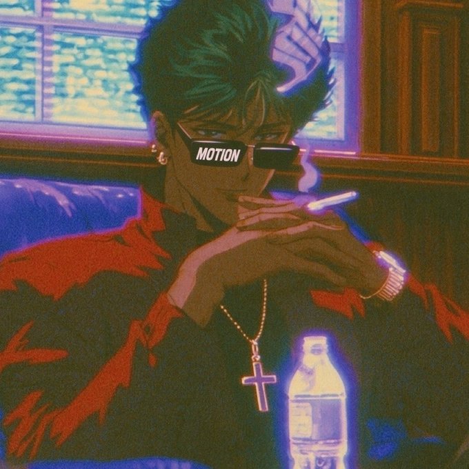An anime-style illustration depicts a dark-skinned character with green hair, sunglasses labeled 'MOTION', a cross necklace, and a gold watch, smoking a cigarette and resting their arms near a glowing bottle in a purple-lit room.