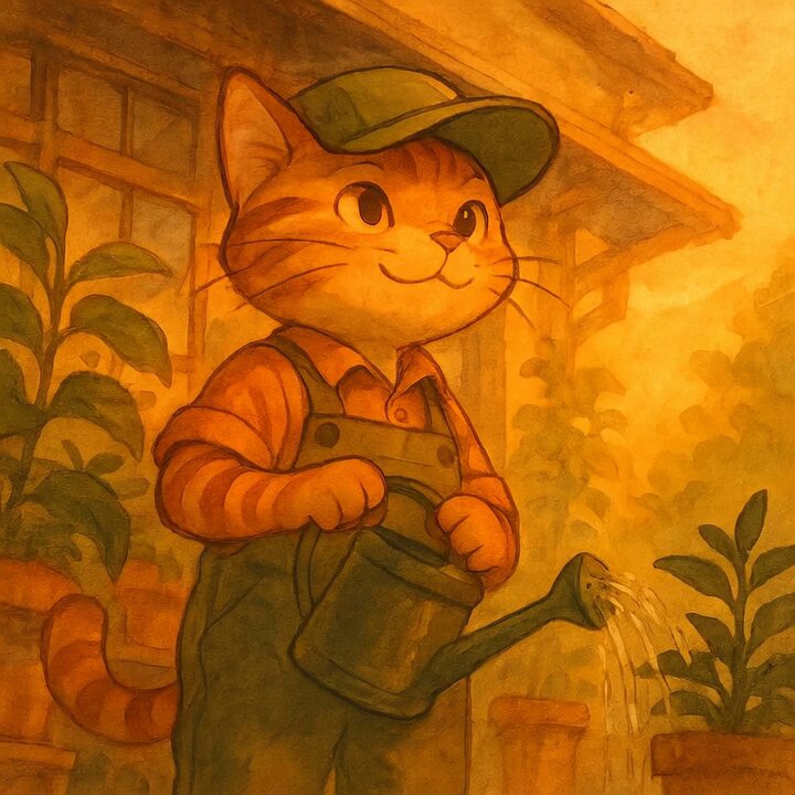 The image features a cartoon cat wearing overalls, holding a watering can with water coming out of it. The cat appears to be watering plants or tending to a garden. The caption for this image reads "Garden mastery: operating effortlessly. $CWIF". This means that the artist has created an impressive and realistic depiction of gardening tasks without explicitly stating it in the caption.