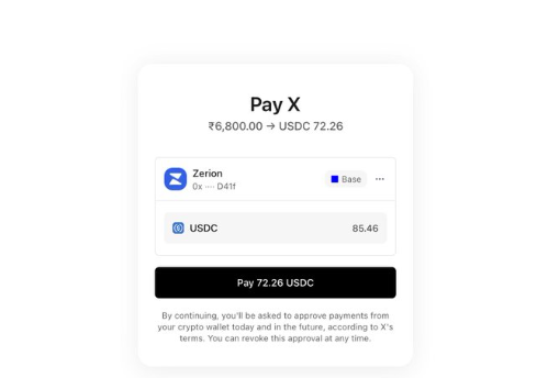 The image shows a sign for Zerto Currency Exchange services. The text instructs users to "Pay X" and explains that when they choose to pay with Bitcoin or USDC, their payment will be processed using the Zerto Currency Platform by Zerto Currency Services. After accepting the payment method, users should continue paying into their wallet for future transactions once notified of this approval. This message highlights a convenient option for users who want to use cryptocurrency as a form of payment.
