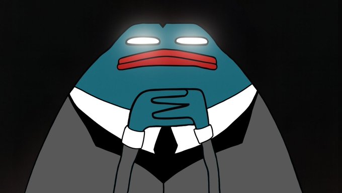 A cartoon frog character in a black suit and tie with glowing white eyes and red lips rests its hand on its chin, resembling the "evil kermit" meme. The menacing image pairs with "Running Elysium" to convey dark or secretive scheming under a manipulative facade.
