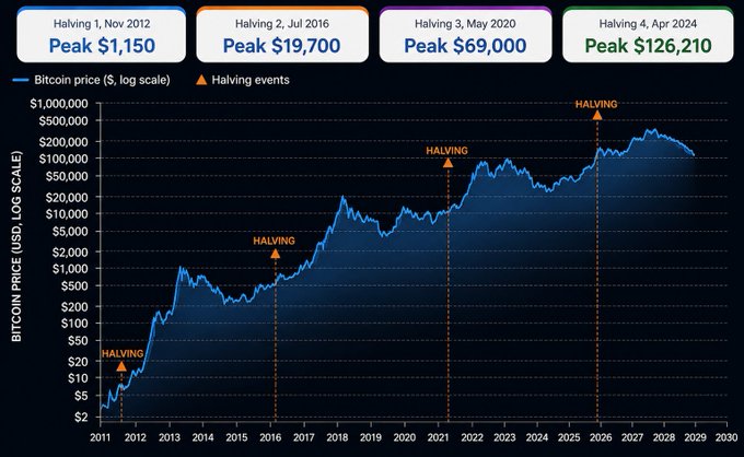 A logarithmic chart showing Bitcoin's price history from 2011 to 2029 with four halving events marked: Nov 2012 (peak $1,150), Jul 2016 (peak $19,700), May 2020 (peak $69,000), and Apr 2024 (peak $126,210), illustrating the recurring cycle pattern around Bitcoin's supply-reduction events that the post references when discussing whether the recent ~50% drop from the October 2025 all-time high represents a bottom.