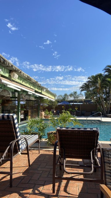 An outdoor patio area featuring woven chairs with striped cushions beside a swimming pool, surrounded by palm trees under a blue sky with scattered clouds.