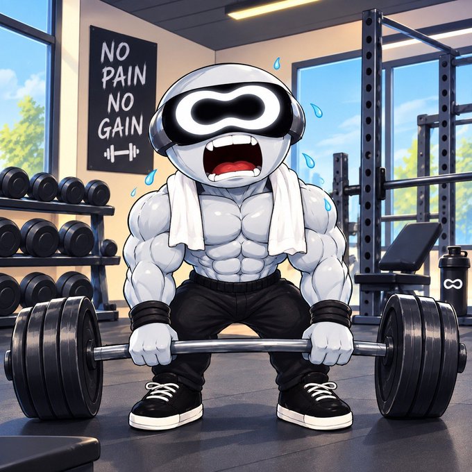 A cartoon illustration of a white, muscular character wearing VR goggles and a towel, lifting heavy weights in a gym with a 'NO PAIN NO GAIN' poster on the wall.