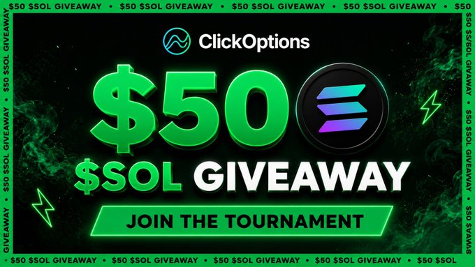 The promotional graphic for ClickOptions advertises a $50 SOL giveaway tournament, featuring the platform's logo alongside the Solana cryptocurrency emblem on a green-themed background. It encourages viewers to click the "JOIN THE TOURNAMENT" button to enter the giveaway contest described in the accompanying post.