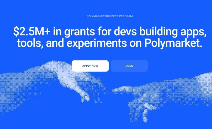 A promotional banner for the Polymarket Builders Program offering "$2.5M+ in grants for devs building apps, tools, and experiments on Polymarket," featuring pixelated hands in the style of Michelangelo's Creation of Adam and buttons labeled "APPLY NOW" and "DOCS."