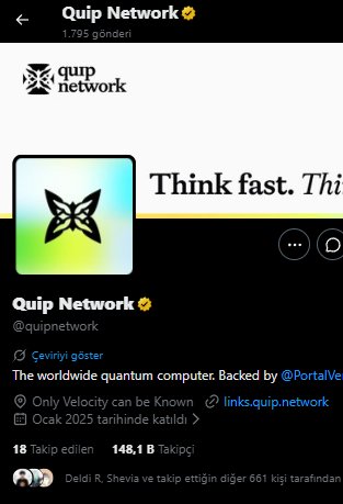 The image shows a social media post from Quip Network that has been reposted as a Twitter account. The post features a black and white logo with a butterfly design, accompanied by text promoting Quip Network's services. The post also includes a link to a website about the worldwide quantum computer, which is backed by @PortaVe.